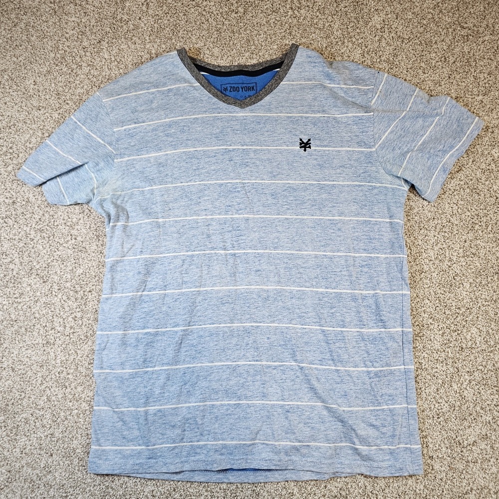 Zoo York V Neck T-Shirt Men Size Large Striped Short Sleeve Shirt Blue